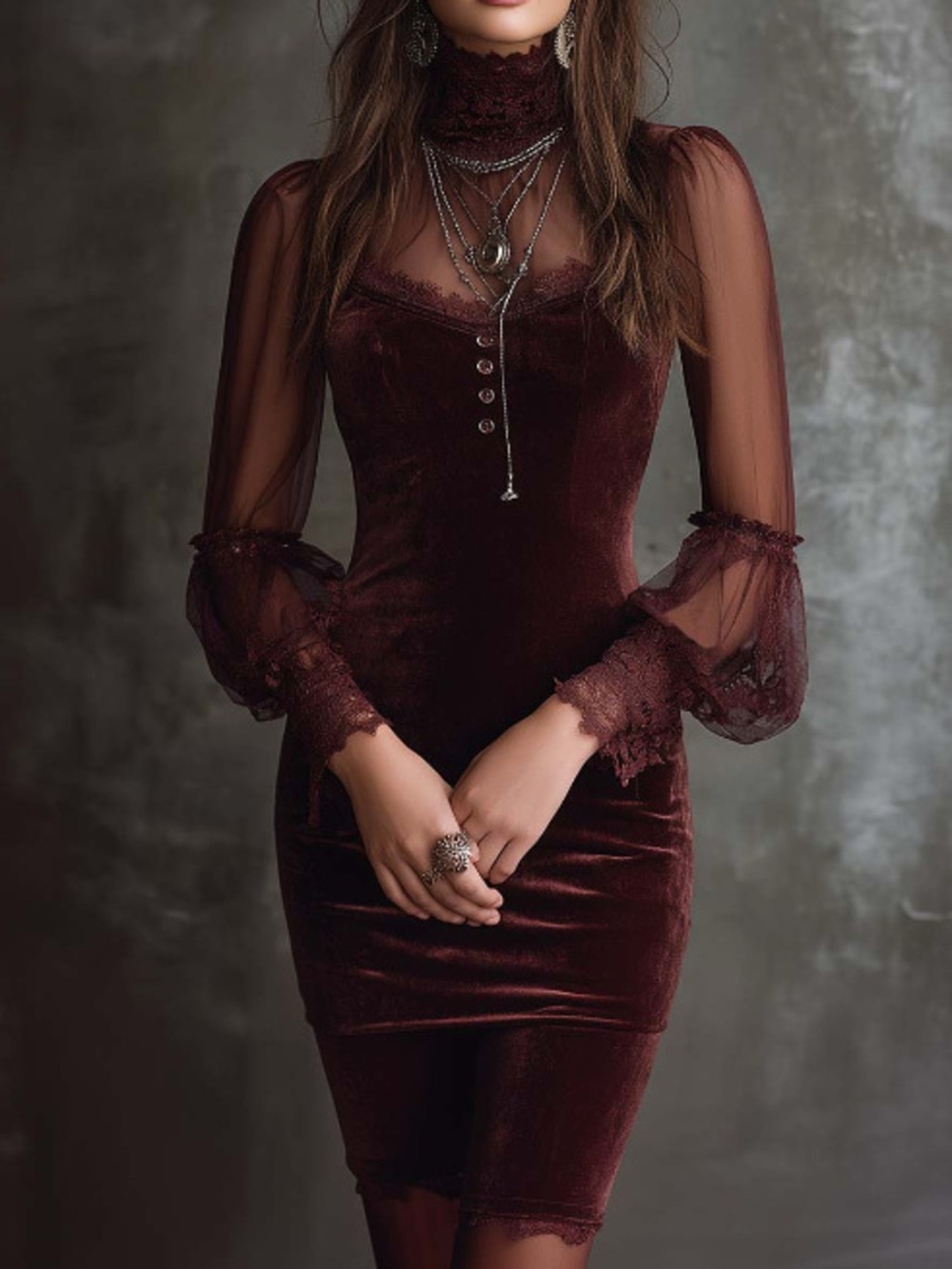 Full Size Velvet Sheer Long Sleeve Bodycon Dress Plus Size